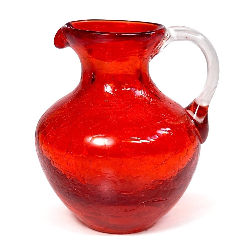 VTG Pilgrim Ruby Red Crackle‎ Glass Pitcher Clear Handle Mini Hand Blown 3.5"